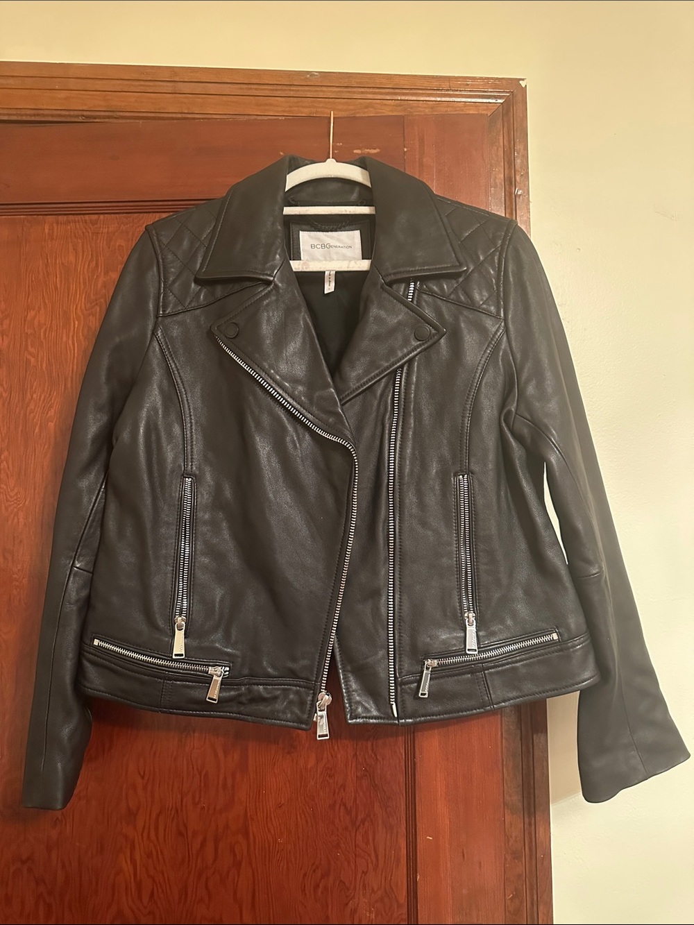 BCBGeneration Black Leather Asymmetric Moto Jacket Sz Large